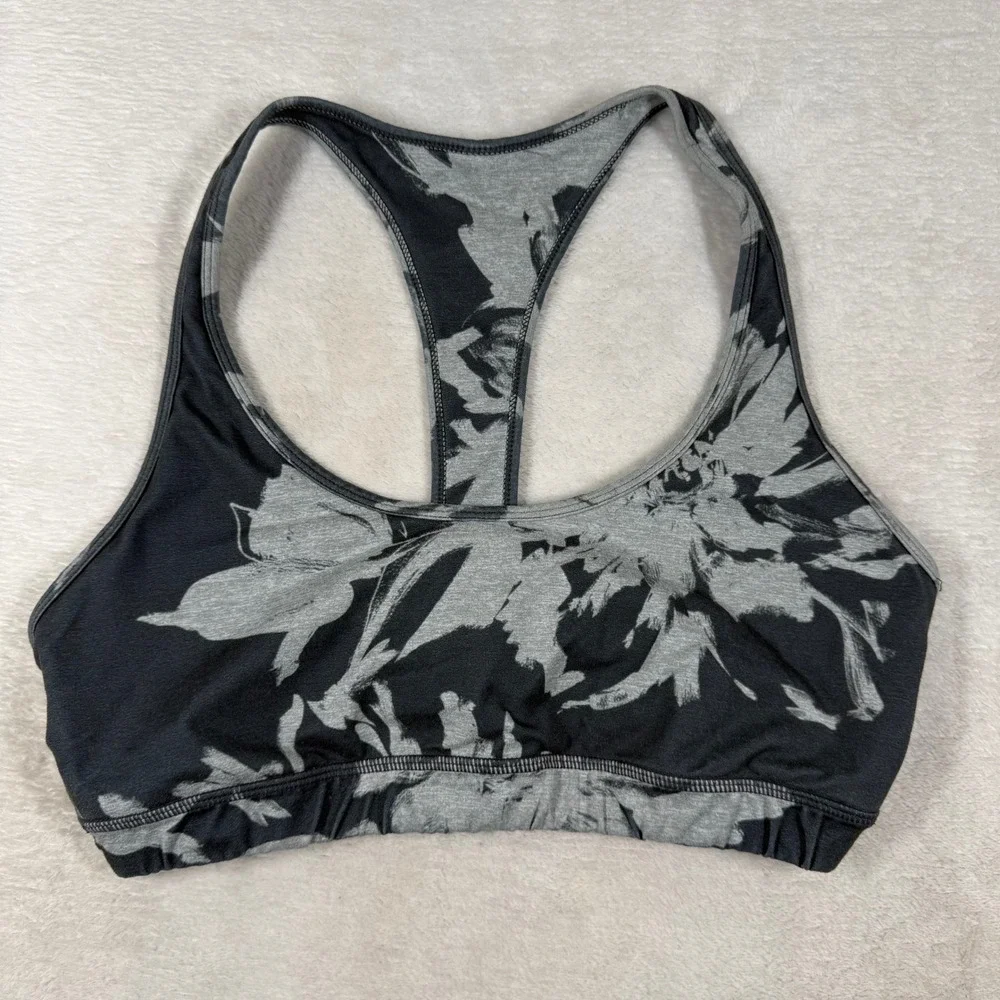 Vuori Womens Gray Black Floral Abstract Racerback Sports Bra Medium Support